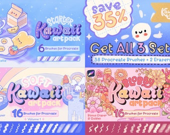 May include: A digital art pack for Procreate featuring 38 kawaii brushes and 2 erasers. The pack includes three sets: Starter Kawaii Art Pack with 6 brushes, Soft Kawaii Art Pack with 16 brushes, and Blobby Kawaii Art Pack with 16 brushes. The image shows a colorful, cartoon-style design with a pastel color palette.