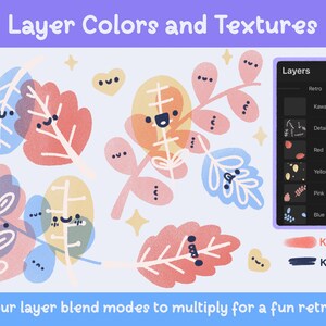 May include: Digital art tutorial graphic with the text "Layer Colors and Textures." The image features colorful leaf illustrations with faces and a layer panel. The text "Set your layer blend modes to multiply for a fun retro vibe" is also included.