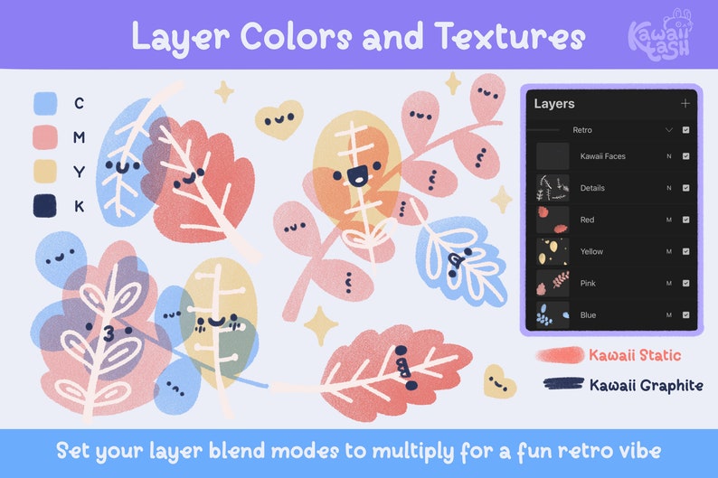 May include: Digital art tutorial graphic with the text "Layer Colors and Textures." The image features colorful leaf illustrations with faces and a layer panel. The text "Set your layer blend modes to multiply for a fun retro vibe" is also included.