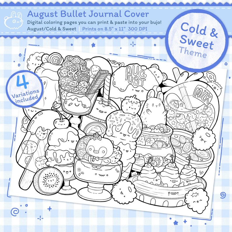 Cute Kawaii Cold & Sweet August Digital Coloring Pages for - Etsy