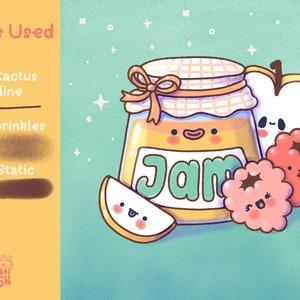 May include: A digital illustration of a jar of jam with a smiling face, a slice of fruit, and two berries. The jar has a label that says "Jam" in green letters. The background is a light teal color with white stars.