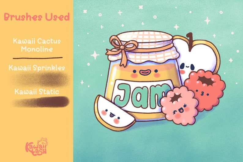May include: A digital illustration of a jar of jam with a smiling face, a slice of fruit, and two berries. The jar has a label that says "Jam" in green letters. The background is a light teal color with white stars.