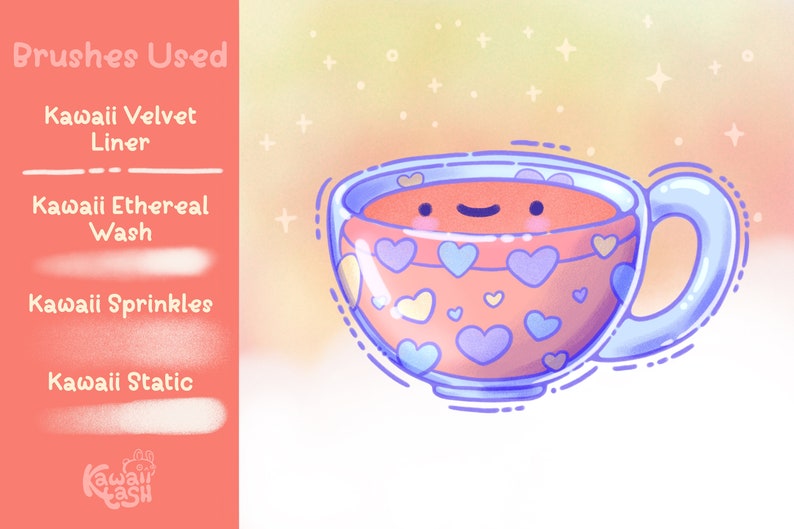 May include: Illustration of a cute teacup with a smiling face and heart designs. The cup is filled with a reddish-orange liquid. The image also includes text that says "Brushes Used" and lists brush types like "Kawaii Velvet Liner".