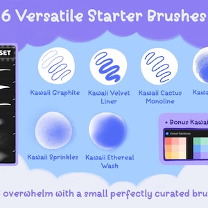 May include: Digital art starter set featuring six versatile brushes and a bonus Kawaii palette. The set includes brushes like Kawaii Graphite, Velvet Liner, Cactus Monoline, Static, Sprinkles, and Ethereal Wash. The text says "Avoid overwhelm with a small perfectly curated brushset."