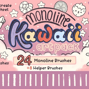 May include: A pink digital art pack advertisement featuring the words "monoline Kawaii art pack" in a colourful, cartoonish font. The image includes various cute illustrations and the text "24 Monoline Brushes +8 Helper Brushes."