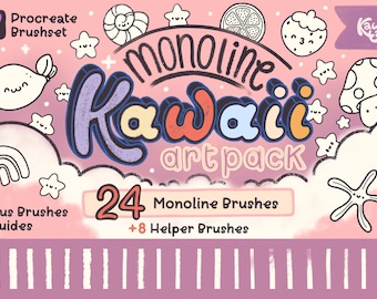 Puede incluir: Un anuncio rosa de un paquete de arte digital con las palabras "monoline Kawaii art pack" en una fuente colorida y de dibujos animados. La imagen incluye varias ilustraciones lindas y el texto "24 Monoline Brushes +8 Helper Brushes."