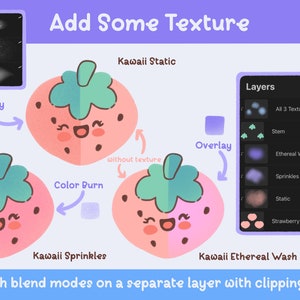 May include: Digital art tutorial with a strawberry theme. The image shows a cute strawberry illustration with different texture effects, including Kawaii Static, Sprinkles, and Ethereal Wash. Instructions are provided on how to use blend modes and clipping masks.