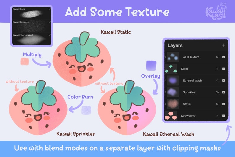 May include: Digital art tutorial with a strawberry theme. The image shows a cute strawberry illustration with different texture effects, including Kawaii Static, Sprinkles, and Ethereal Wash. Instructions are provided on how to use blend modes and clipping masks.