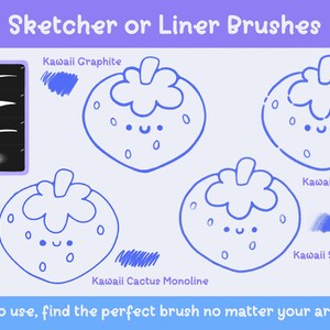 May include: Digital art brushes for sketching and lining are featured in this image. The image includes a tablet screen showing brush strokes and four strawberry illustrations. Text includes "Sketcher or Liner Brushes" and "Easy to use, find the perfect brush no matter your art style."