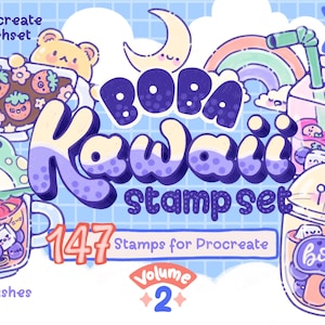 May include: A digital art set called "Boba Kawaii Stamp Set" for Procreate, with charming illustrations of boba tea, a bear, a moon, and a rainbow. The set includes 147 stamps and bonus brushes and guides. Volume 2.