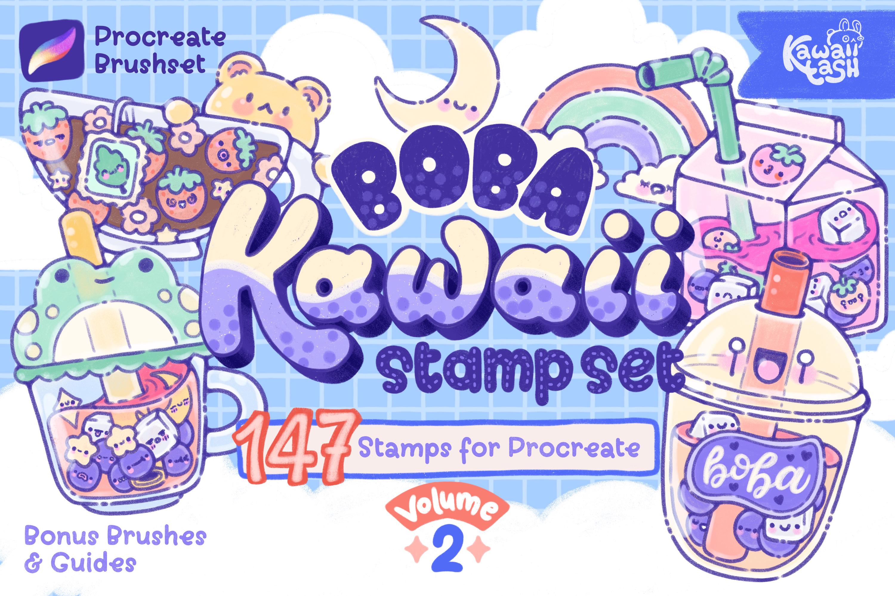 Kawaii Boba Set de Pinceles Sello para Procreate Vol. 2 | 147 sellos + 2 pinceles liner
