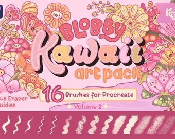 May include: A digital art pack with 16 brushes for Procreate, featuring a pink background with a whimsical illustration of flowers and the text "Kawaii art pack".