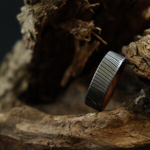Stainless Damascus Steel Ring • Thuya Burl Liner Ring • Wedding Ring • Mens Ring • Handmade Jewelry • Rustic Ring •  Corrosion Resistant