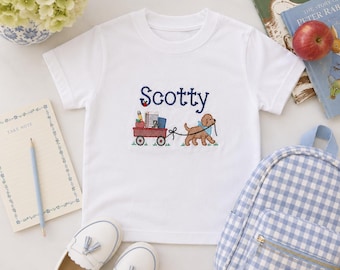 Personalized Back to School Shirt for Boys, Embroidered Dog Wagon School Shirt, Custom Name First Day of School Outfit, Toddler Boy Tee