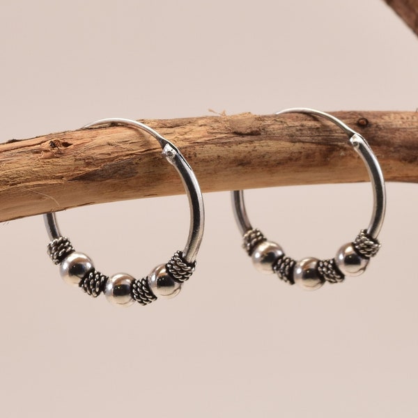 Sterling silver hoop, Bali style, ethnic, men, women, unisex, tribal earrings earrings boho with 3 silver balls