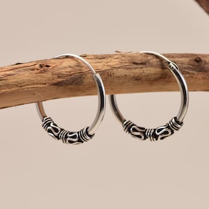 Pair of Sterling silver hoop, Bali style, ethnic, men, women, unisex, tribal earrings earrings boho