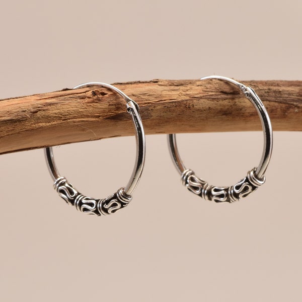 Pair of Sterling silver hoop, Bali style, ethnic, men, women, unisex, tribal earrings earrings boho