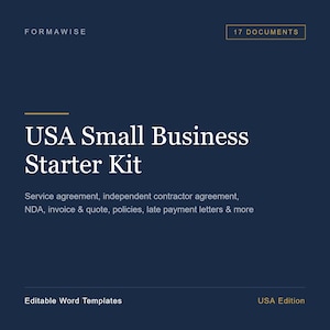 Könnte beinhalten: Eine dunkelblaue digitale Grafik für ein USA Small Business Starter Kit von Formawise. Es listet 17 Dokumente auf, darunter eine Dienstleistungsvereinbarung, einen Vertrag für unabhängige Auftragnehmer, eine Geheimhaltungsvereinbarung, Rechnungen und Vorlagen.