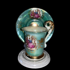 Footed Demitasse Espresso Teacup & Saucer Courting Couple Green Gold Vintage Tea Cup Bone China