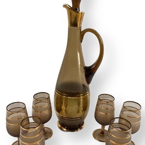 Amber Glass Decanter Set w/ 6 Glasses