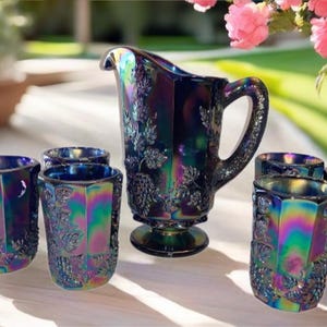 Westmoreland Amethyst Carnival Glass Pitcher & Glasses Signed and Numbered Vintage Glass