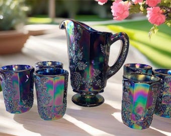 Vintage Westmoreland Amethyst Carnival Glass Pitcher & Glasses Set - Signed, Numbered Peacock Design