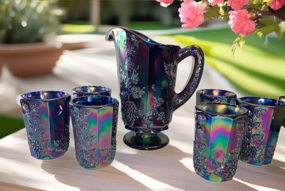 Vintage Westmoreland Amethyst Carnival Glass Pitcher & Glasses Set