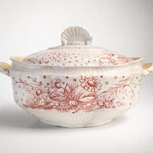 Vintage Sugar Bowl ~ Red & White Stoneware China - Daisy Pattern with Shell Detail