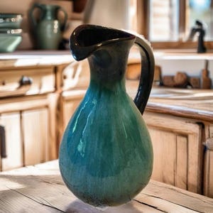 Vintage Blue Mountain Pottery Pitcher: Teal Glazed Ceramic Jug for Serving Water & Home Decor