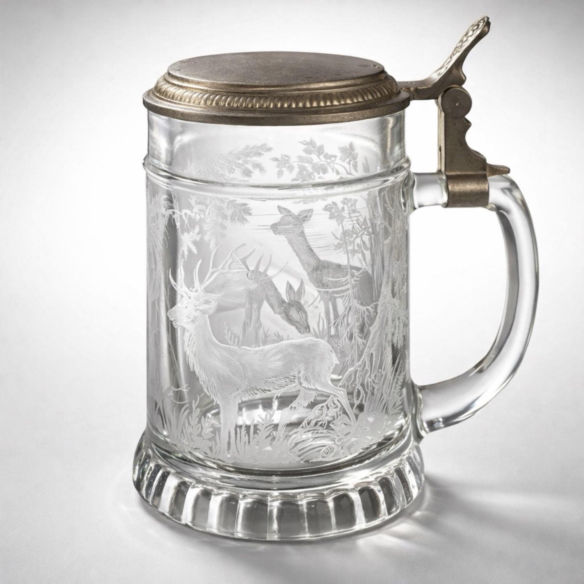 ビンテージ デッドストック Germany ビアグラス Vintage German Beer Stein ~ Etched Stag Glass With Pewter Lid - Etsy