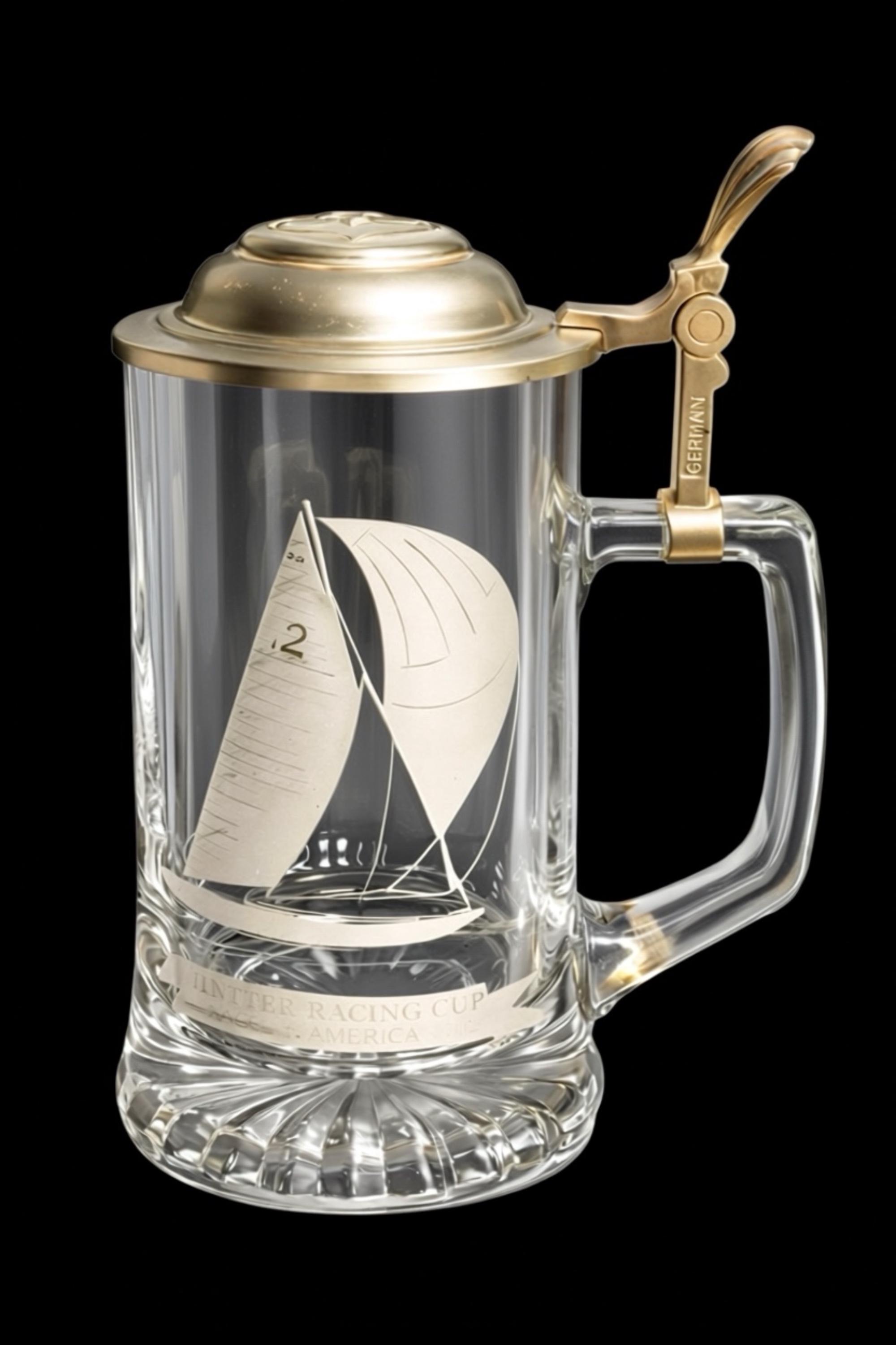 Vintage Etched Crystal Stein ~ Racing Sloop Design ~ Nautical