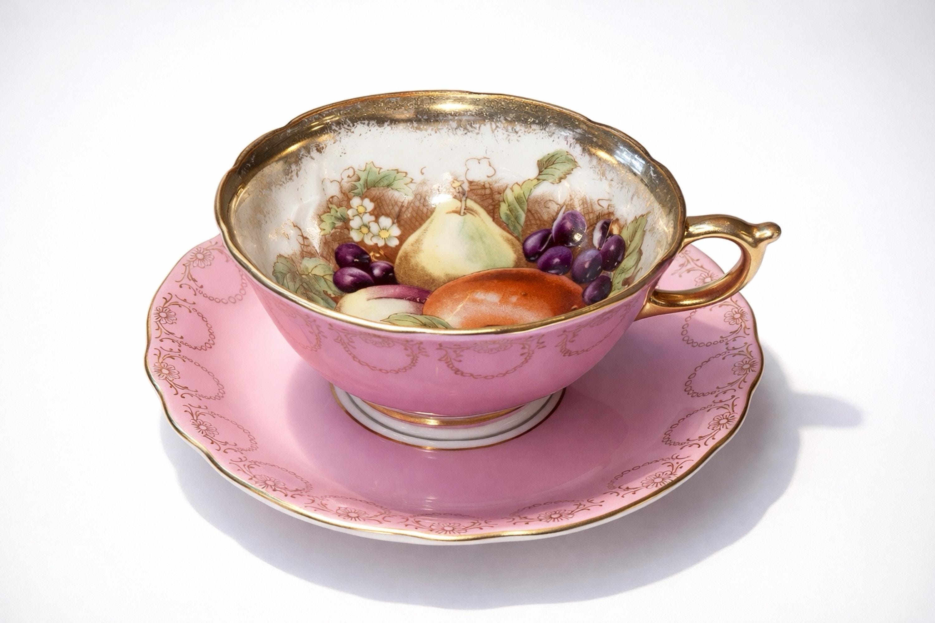 Royal Sealy Japanese China Tea Cup & Saucer Pink Lusterware Fruit