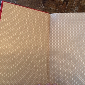 May include: An open book with a red cover and tan pages. The pages have a repeating pattern of small white dots.