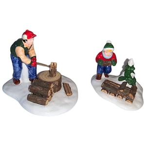 Dept 56 Snow Village Ceramic Father Son Chopping Firewood Christmas Figurine Collectible Holiday Decor