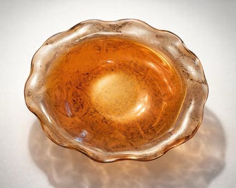 Vintage Marigold Carnival Glass Ruffled Bowl: Peach Floral Trinket Dish