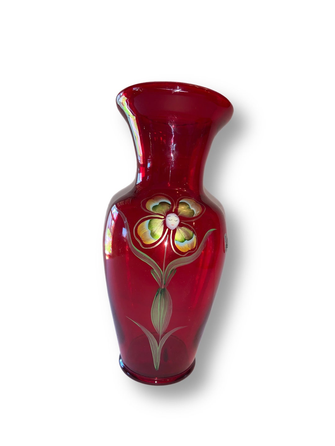Fenton Ruby Art Glass Vase Hand Painted Flower Girl Vase Signed ...