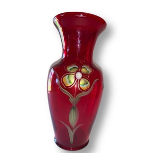 Fenton Ruby Art Glass Vase: Hand-Painted Flower Girl, Signed & Numbered