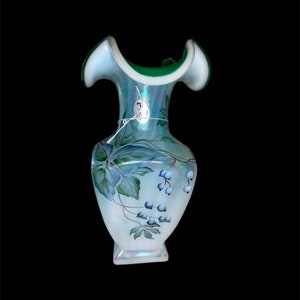 Fenton Art Glass Vase Irridescent Glass Aqua Green Ombré Glass Hand-Painted Vase New Century Collection Blowers Discovery 7 3/4 in. Signed