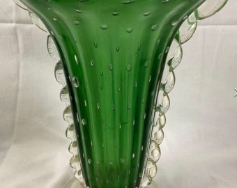 Murano Fan Vase Bullicante Green Bubble Glass