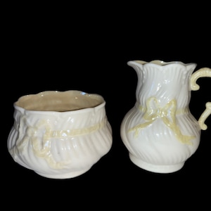 Belleek Irish Porcelain Creamer & Sugar Set Bows Ribbons Pattern Vintage 1930s