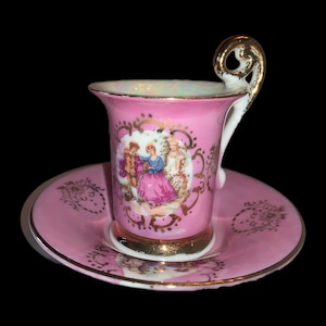 Footed Demitasse Espresso Teacup & Saucer Courting Couple Pink Gold Vintage Tea Cup Vintage China