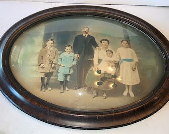 Antique Hand Tinted Family Portrait W/Ornate Oval Picture Frame & Bubble Glass