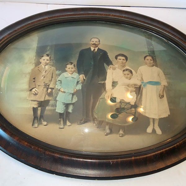 Antique Hand Tinted Family Portrait W/Ornate Oval Picture Frame & Bubble Glass