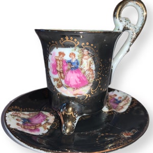 Footed Demitasse Espresso Teacup & Saucer Courting Couple Black Gold Vintage Tea Cup