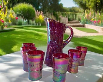 Vintage Gibson Cranberry Carnival Glass Pitcher and Glasses Set