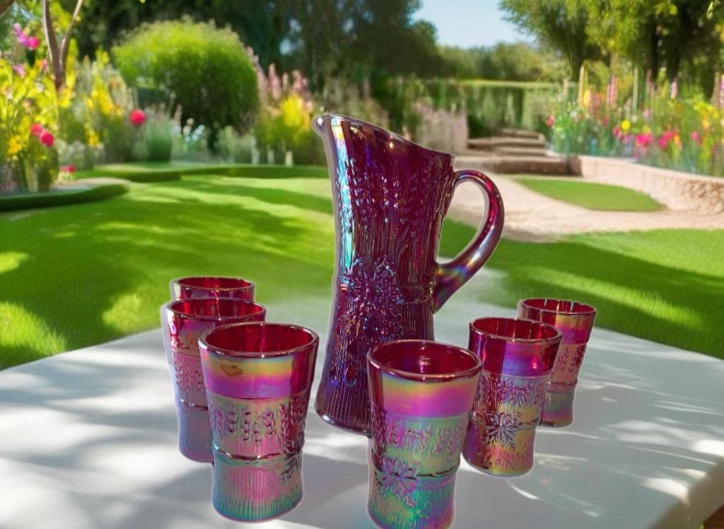 Vintage Gibson Cranberry Carnival Glass Peacock Pitcher and