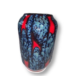 Vintage 1970s Fat Lava Ceramic Vase: Striking Blue and Red Textured Modernist Home Decor