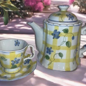 Vintage Andrea Sendak Tea Set: Yellow Plaid with Blue Floral