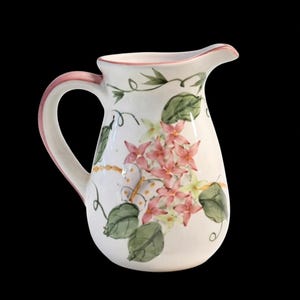 Vintage Hand Painted Ceramic Pitcher ~ Pink & White Cottage Decor