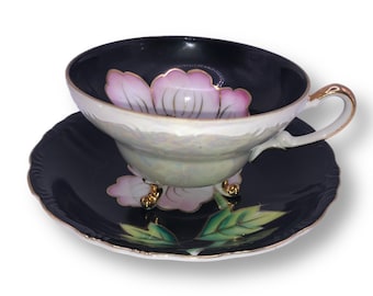 Napsco Delcoronado Tea Cup & Saucer Hand Painted Black Gold Pink